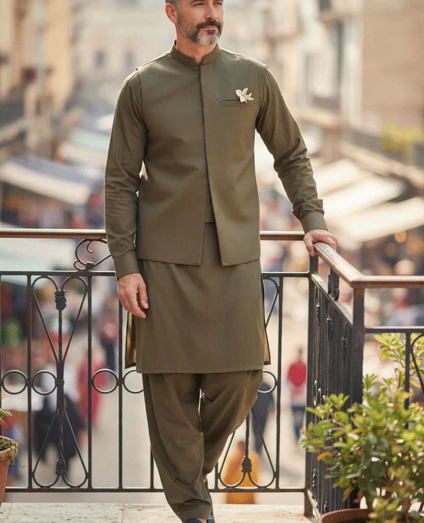 Olive Green Blended Shalwar kameez